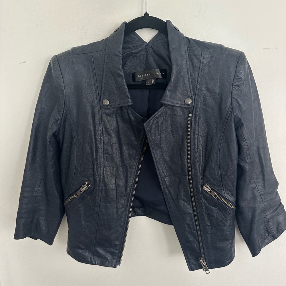 Theyskens Theory Blue lamb Leather Moto Biker Jacket with Zipper Sleeves, P